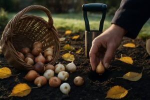 Mand met tulpen- en narcissenbollen op donkere grond, met plantgereedschap