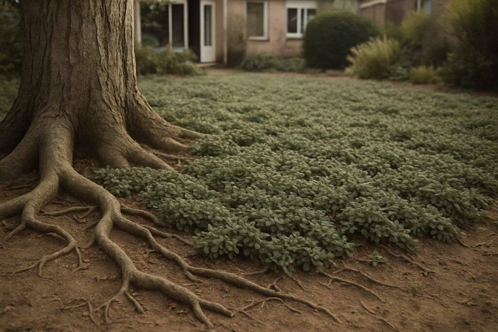 Wintergroene bodembedekkers op droge, wortelrijke grond onder een grote boom