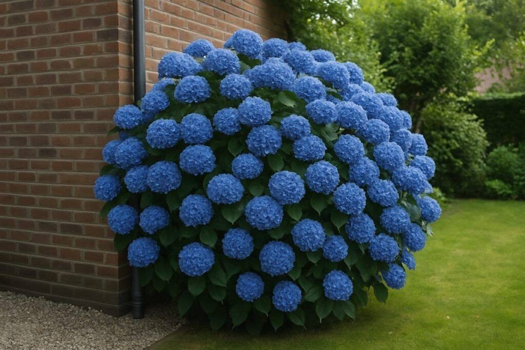 Blauwe boerenhortensia in volle bloei naast een bakstenen muur
