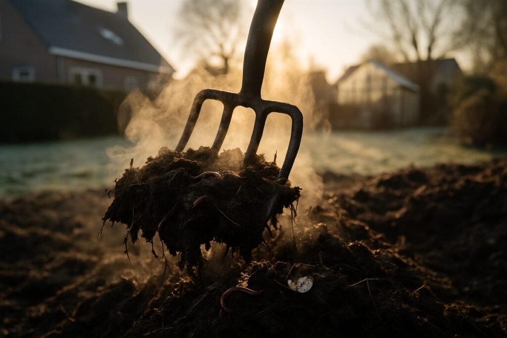 Composthoop omzetten met een riek, met stoom in de koude ochtendlucht