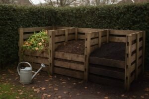 Compostbak met drie vakken achter in een Nederlandse tuin