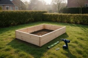 Nieuwe houten moestuinbak op een zonnig stuk gazon, nog leeg