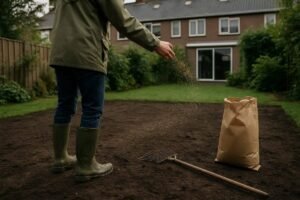 Iemand strooit graszaad met de hand over pas geharkte grond