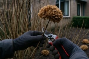 Snoeischaar knipt een uitgebloeide hortensiabloem weg boven de knoppen