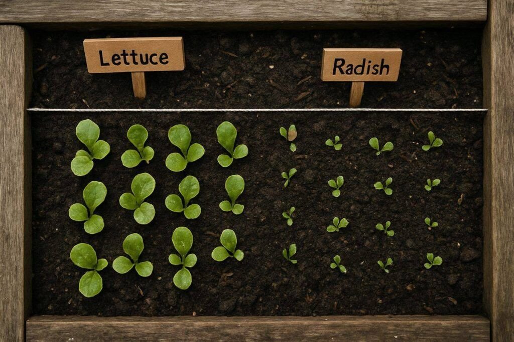 Rijtjes jonge slaplanten en radijs in een moestuinbak, van bovenaf