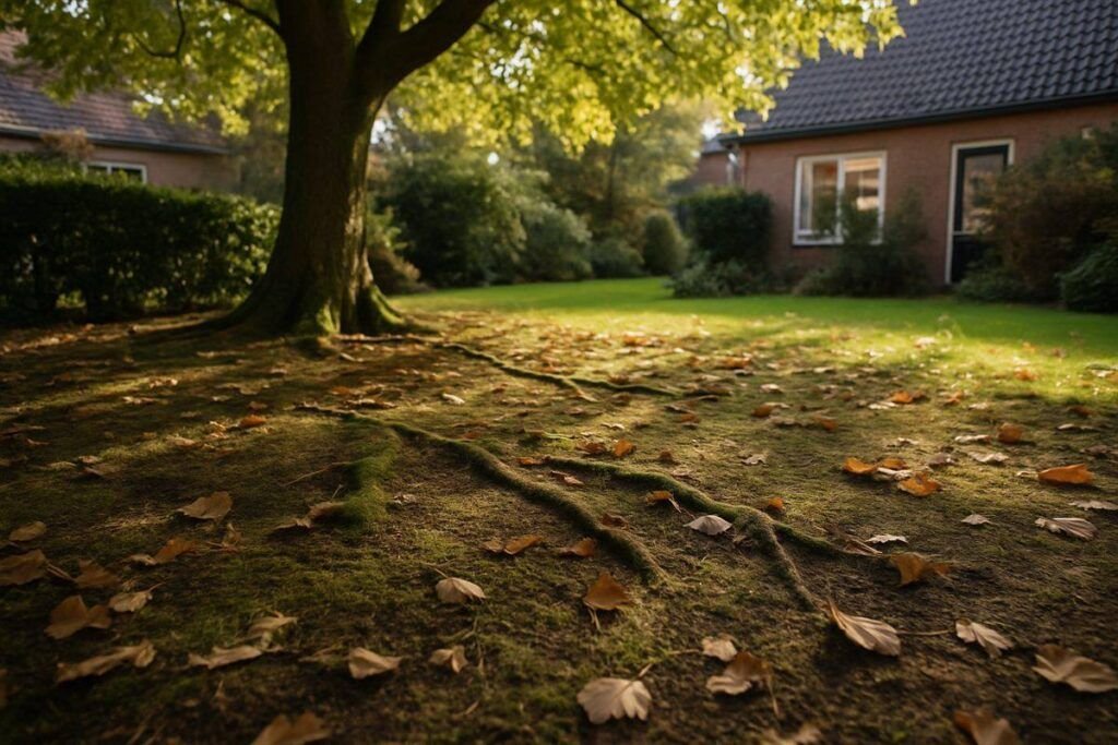 Kaal en mossig stuk gazon onder de kroon van een grote boom