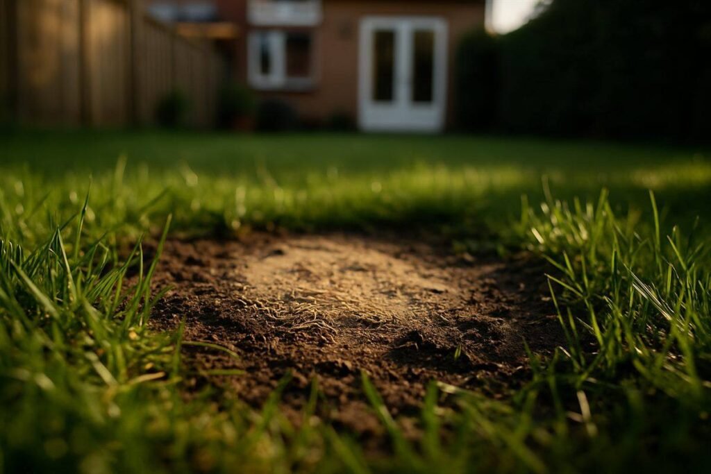 Kale plek in een gazon opengekrast en ingezaaid met graszaad