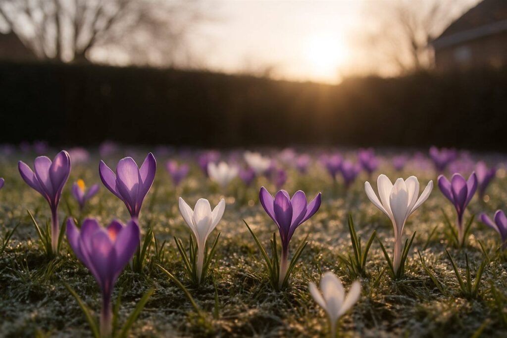 Paarse en witte krokussen verwilderd in kort gras, tegen het licht in