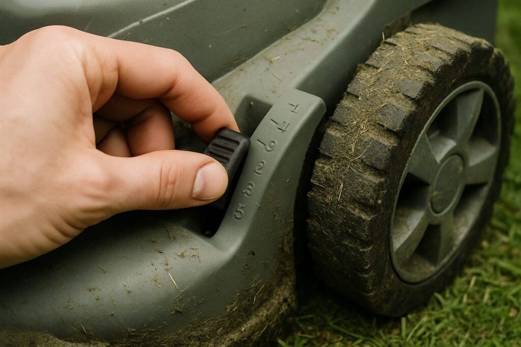 Hand die de maaihoogte instelt op de wielhendel van een grasmaaier