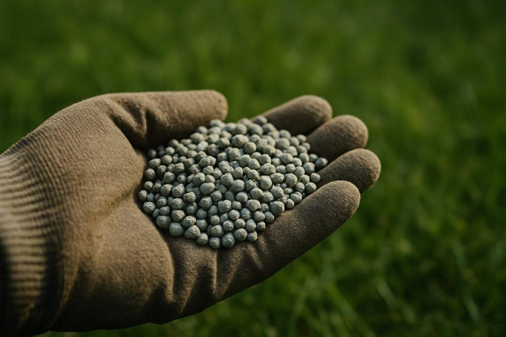 Gehandschoende hand met meststofkorrels boven een groen gazon