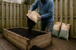 Iemand leegt een zak tuinaarde in een houten moestuinbak