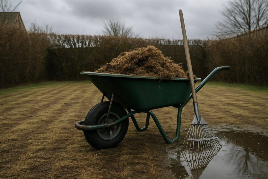 Kruiwagen vol afgeharkt mos naast een pas geverticuteerd gazon