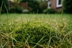 Close-up van dik groen mos tussen dunne grassprieten in een gazon