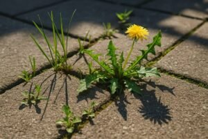Gras en onkruid groeien uit de voegen tussen grijze terrastegels