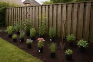 Vaste planten in potten uitgezet op de grond van een nieuwe border