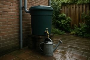 Groene regenton op verhoogde tegels naast een regenpijp aan een bakstenen muur