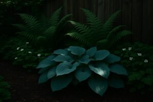 Schaduwborder met hosta en varens langs een donkere houten schutting