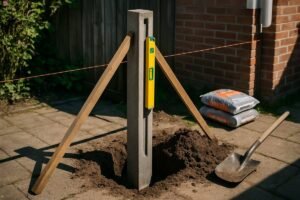 Betonnen schuttingpaal waterpas gesteld in een gegraven gat met schoren