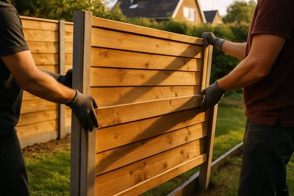 Twee paar handen schuiven een houten scherm in de sleuf van een betonpaal
