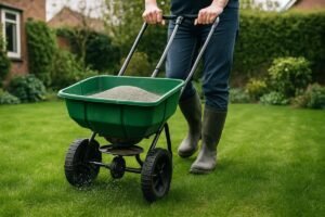 Strooiwagen met meststofkorrels wordt over een gazon geduwd