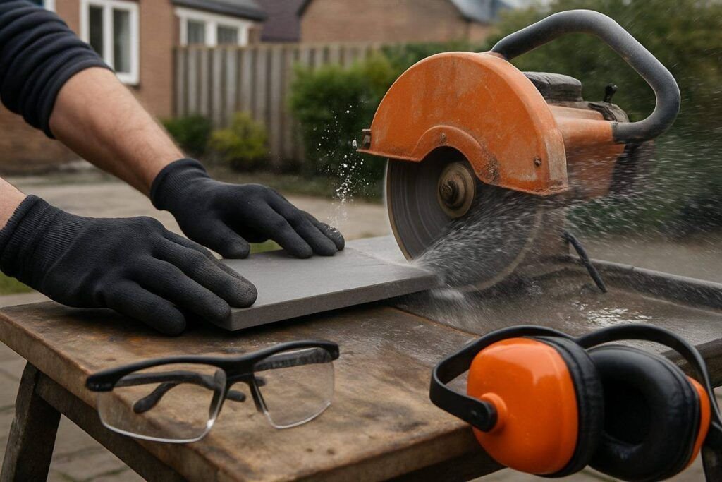 Natte tegelzaag zaagt een keramische terrastegel op maat