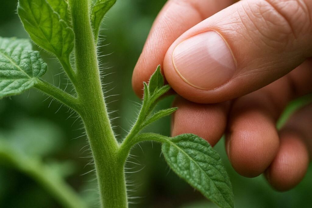 Vingers breken een jonge dief uit de oksel van een tomatenplant