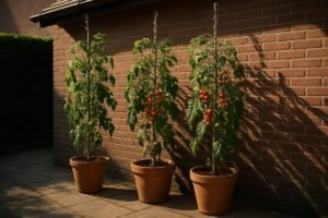Tomatenplanten aan spiraalstokken tegen een warme bakstenen muur