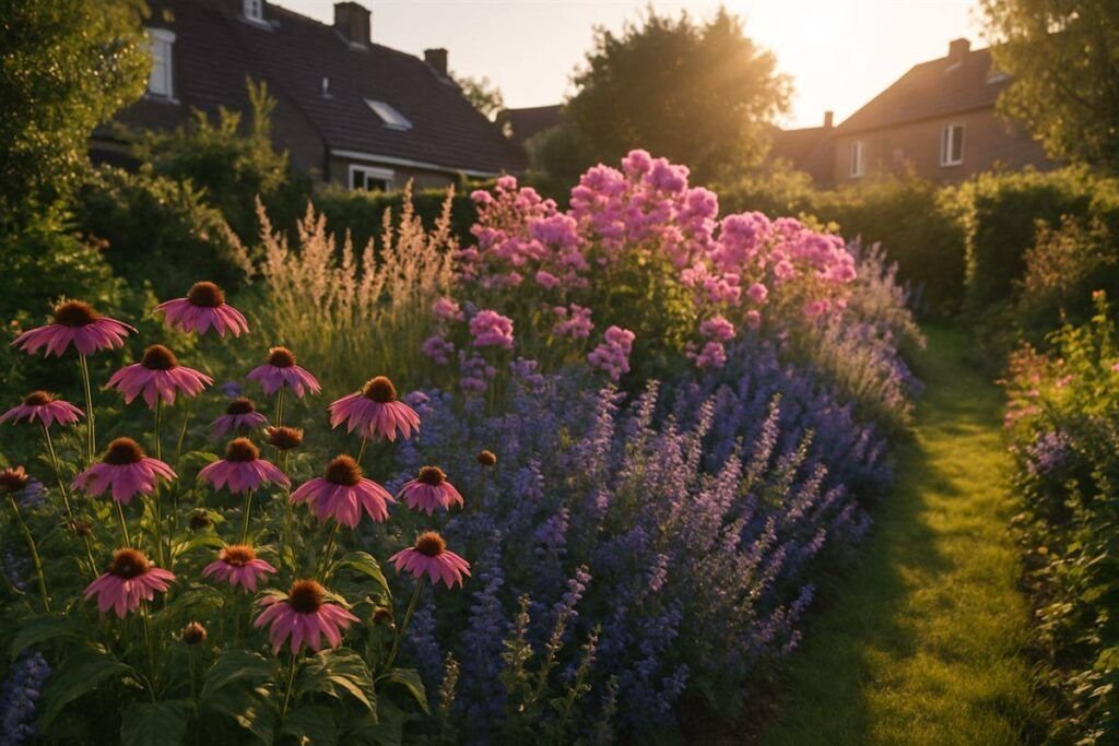 Volgroeide vasteplantenborder in bloei met echinacea, phlox en siergrassen