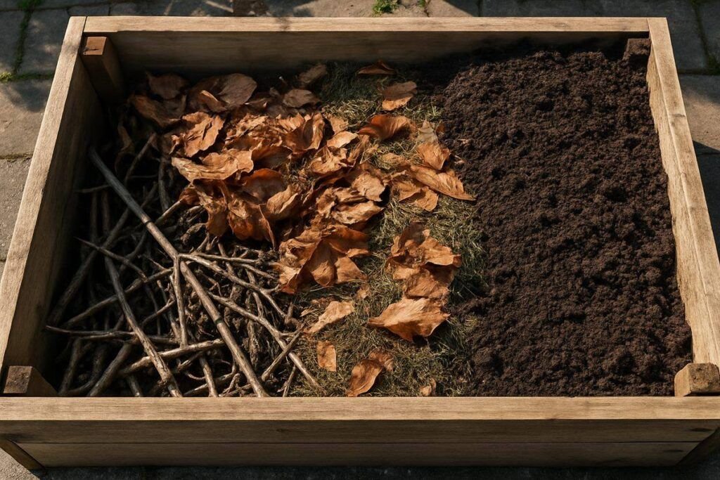 Moestuinbak in lagen gevuld met takken, blad en tuinaarde