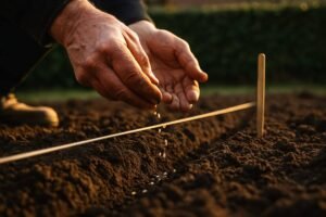 Handen zaaien fijn zaad in een rij in donkere moestuingrond