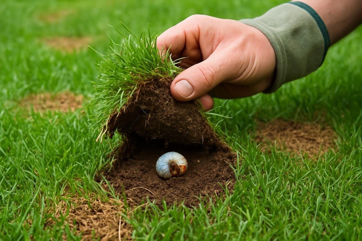 Een tuinier tilt een stukje grasmat op om larven in de bodem te onderzoeken bij bruine plekken in...