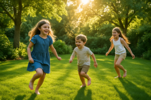 Groen gazon met spelende kinderen en zonlicht tussen de bomen