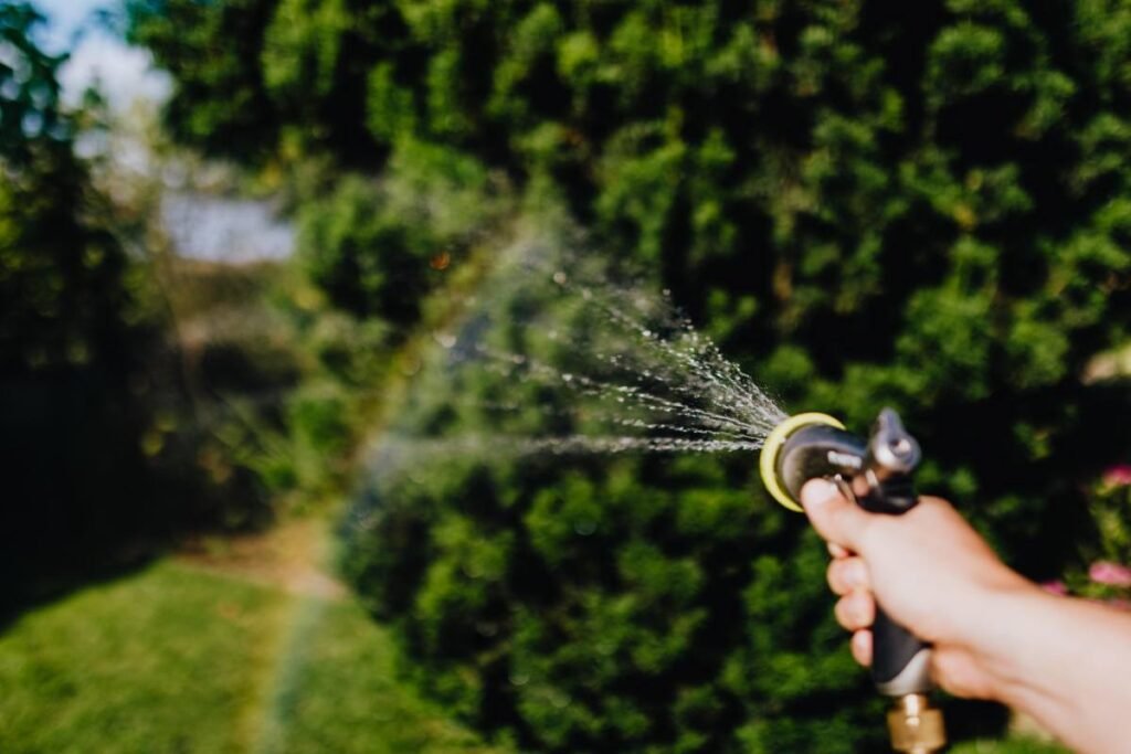 Waterstraal die over de bladeren van een tuinplant gaat