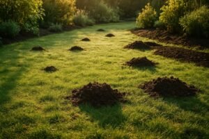 Een gazon met molshopen en losse aarde in een tuin bij zonsopgang