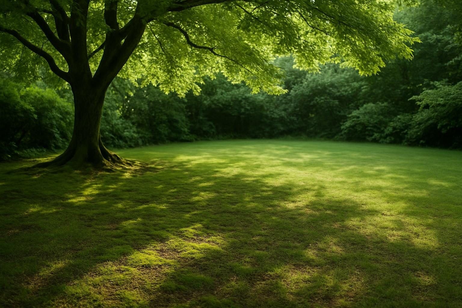 Gazon met mos en dun gras onder een grote boom in de schaduw