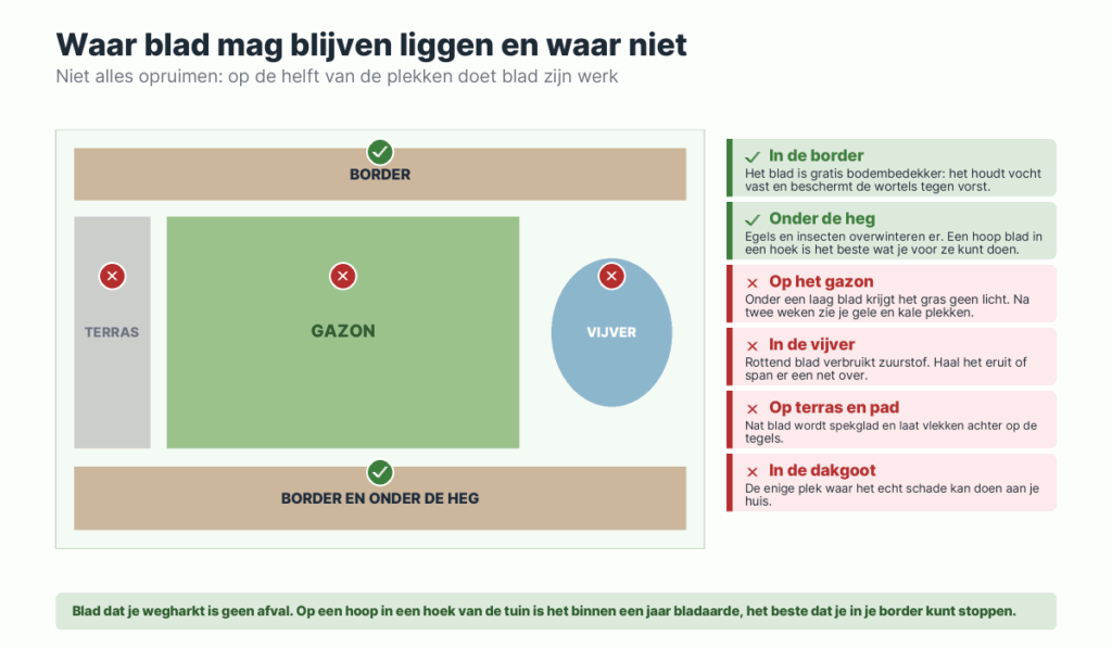 Plattegrond van een tuin met vinkjes bij de border en onder de heg en kruisjes bij het gazon