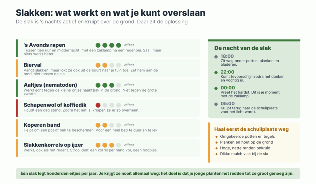 Zes methodes tegen slakken met een score voor het effect, en een tijdlijn van de nacht waarin