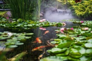 Tuinvijver met waterplanten langs de oever en een flauw aflopende rand