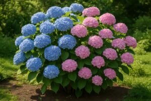 hortensia struik met blauwe en roze bloemen in een tuin bij daglicht