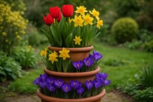 Pot met bloembollen in laagjes, bloeiend in verschillende kleuren in een tuin