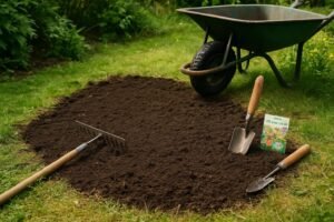 voorbereide tuingrond met tuingereedschap klaar om bloemenzaad te zaaien