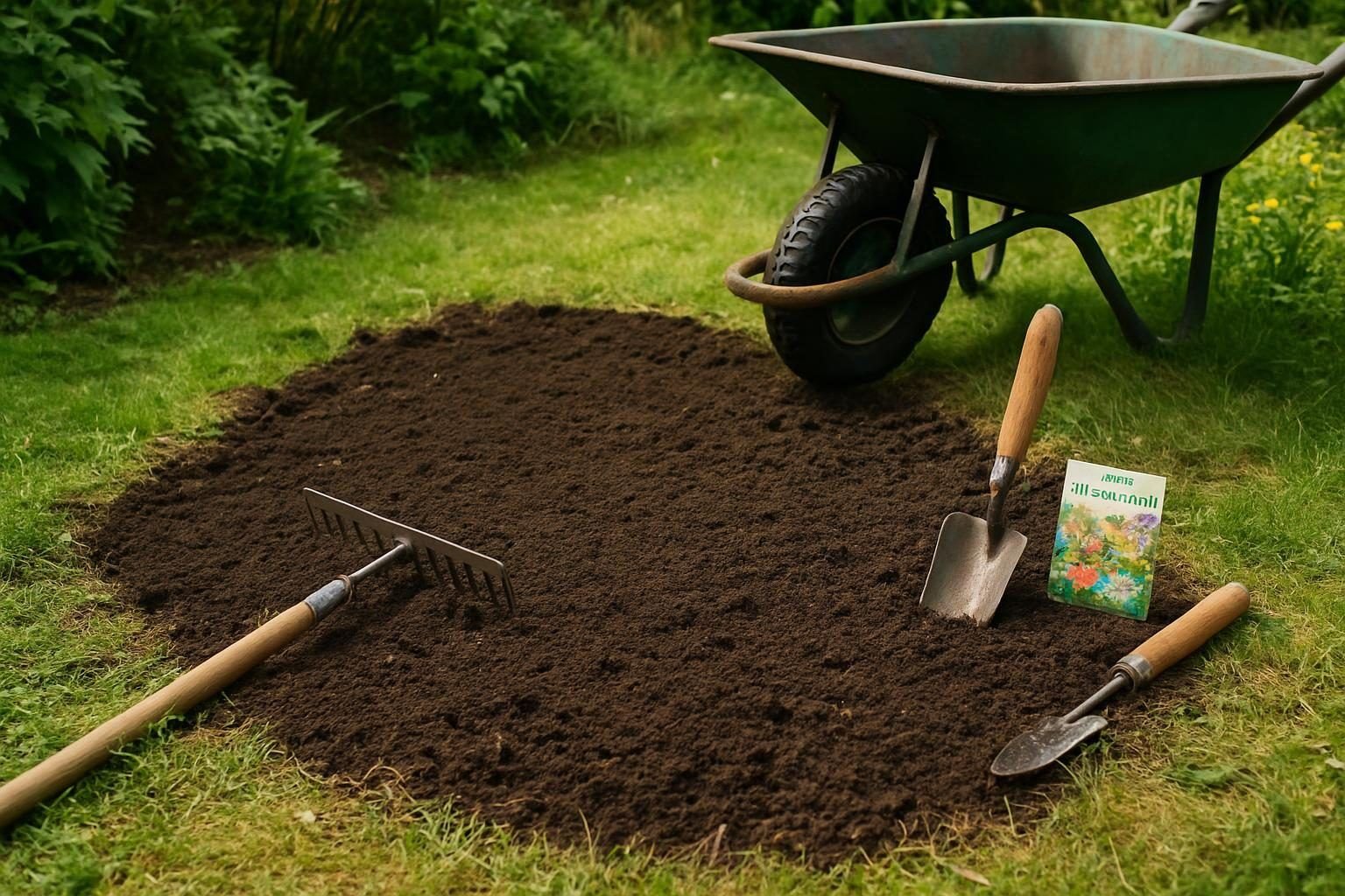 voorbereide tuingrond met tuingereedschap klaar om bloemenzaad te zaaien