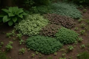 Tuin met bodembedekkers en enkele onkruiden in een schaduwrijke border