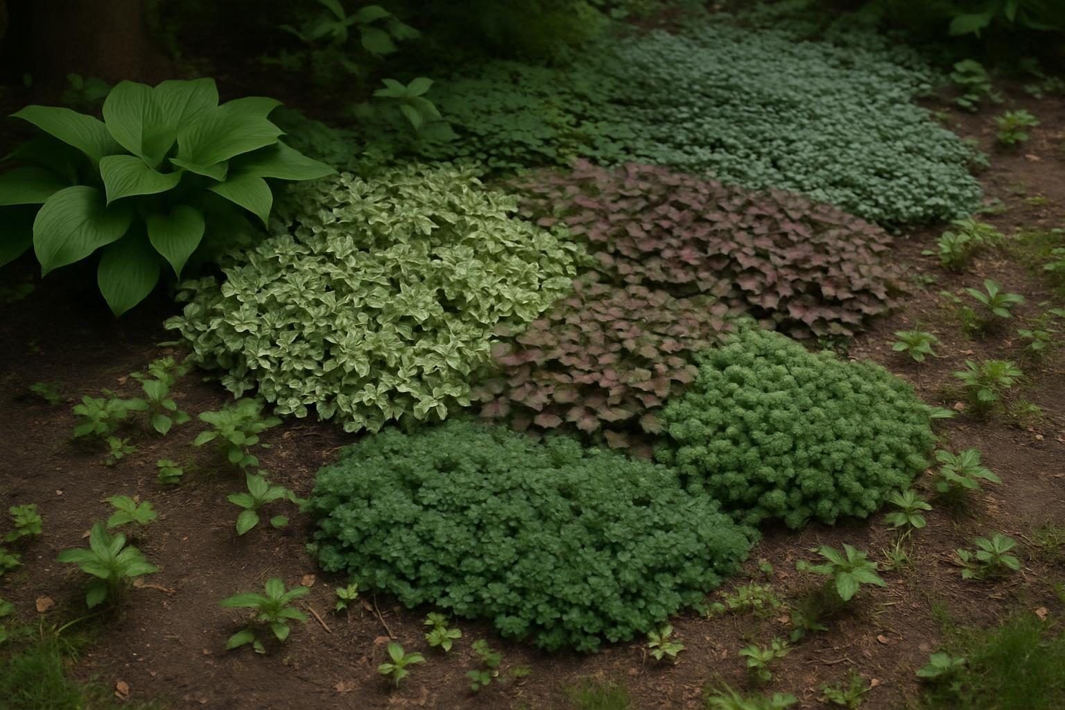 Tuin met bodembedekkers en enkele onkruiden in een schaduwrijke border
