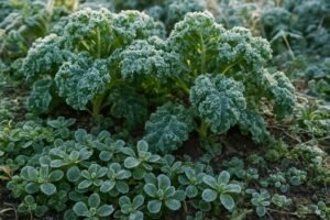 Boerenkool en winterpostelein in een tuin met vorst op de bladeren