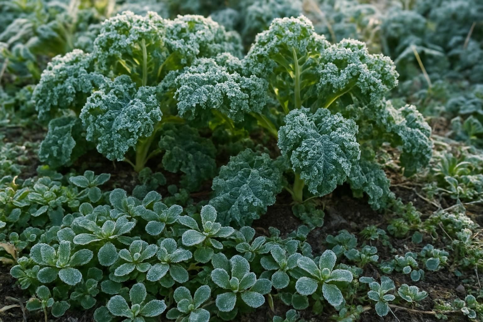 Boerenkool en winterpostelein in een tuin met vorst op de bladeren