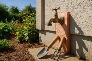 Buitenkraan met isolatie aan een gevel in een tuin, met tuingereedschap ernaast