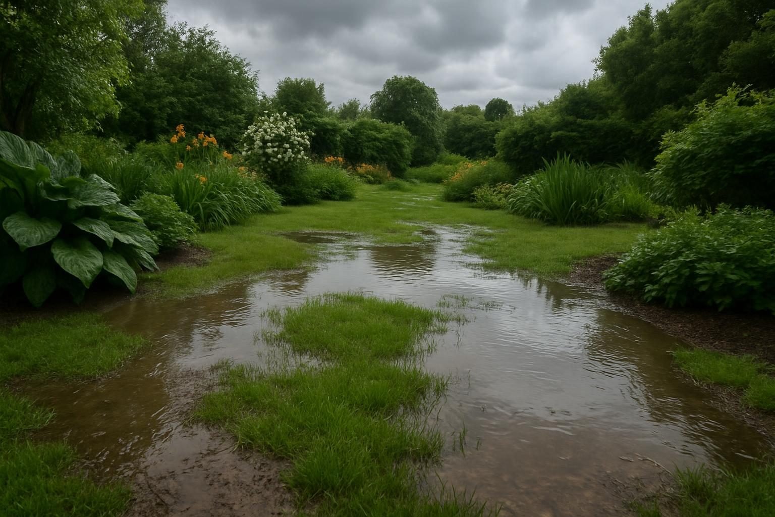 Een natte tuin met plassen op het gazon en vochtige grond na regen
