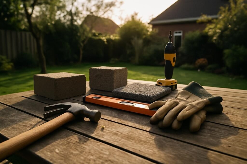 Het gereedschap neergelegd op de tuintafel