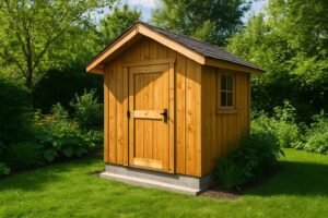 Een houten tuinhuis op een stevige betonnen fundering in een groene tuin